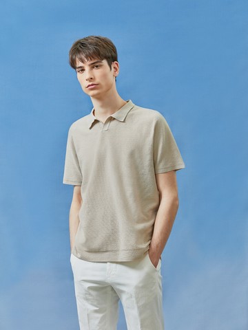 Open Collar Short Sleeve Sweater Beige