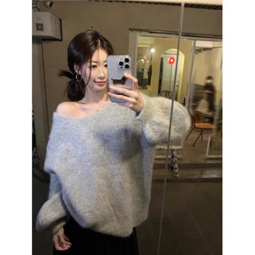韓系背影殺露背蝴蝶結套頭針織上衣女秋季寬松顯瘦灰色羊駝毛毛衣