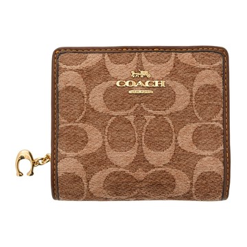 COACH 淺卡其/復古棕 C Logo緹花雪尼爾絨面C字拉鍊袋釦式雙摺短夾