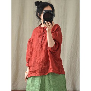 原創高精細苧麻盤扣七分袖襯衫女夏季寬松文藝泡泡袖亞麻上衣小衫