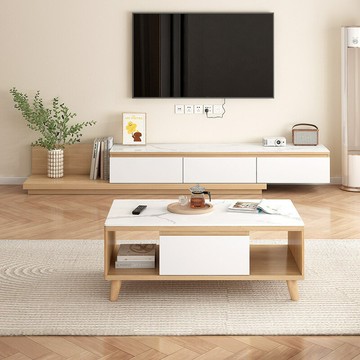 茶幾 免運熱銷 附發票 快速出貨 木月茶幾電視櫃組合大小戶型客廳伸縮電視櫃奶油風地櫃電視機櫃