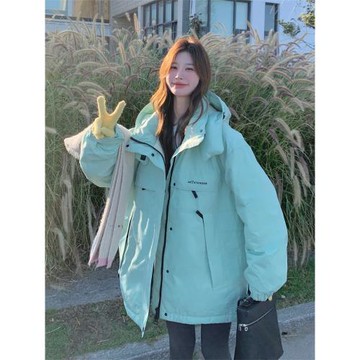 薄荷綠工裝派克服羽絨服女冬季2025新款超好看流行小眾白鴨絨外套