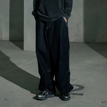 洗水撞色壓線寬版打褶牛仔褲 M/L