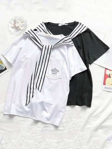 設計感小眾條紋領巾學院風白色t恤短袖女學生寬松韓范百搭半袖潮
