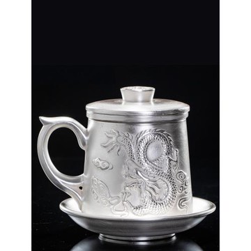 輕奢純手工鎏銀杯子茶杯帶蓋過濾瓷鎏銀茶水分離辦公茶杯隨手禮品