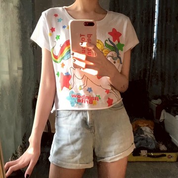 韓國鬼馬少女夢幻彩虹馬印花短款T恤顯瘦減齡圓領短袖T恤夏季上衣1入