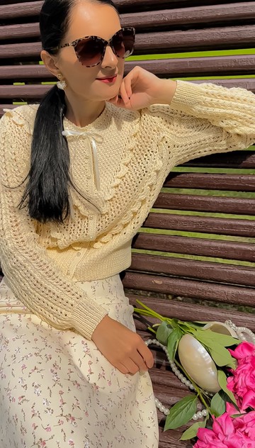 荷葉邊手工針織開襟衫 棉質蕾絲針織上衣 手工毛衣外套 女款