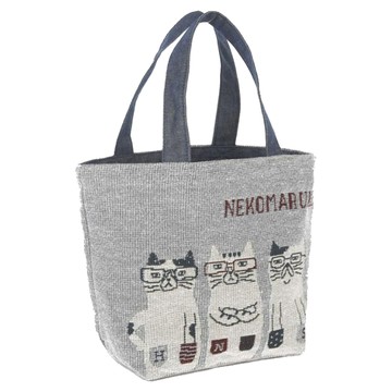 kUSUgURU JAPAN 日本眼鏡貓 NEKOMARUKE貓丸系列 Gobelin編織設計寬口萬用手提包  灰色  19.5m x 18 x 12cm、手把長度33cm