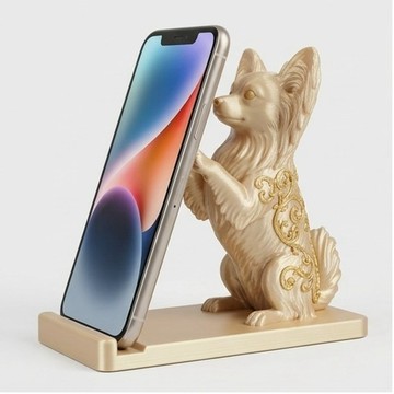 犬 (蝴蝶犬) 手機架 桌上 絲綢金