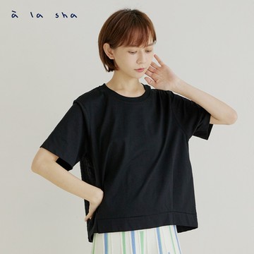 a la sha  拼接泡泡條紋短袖上衣