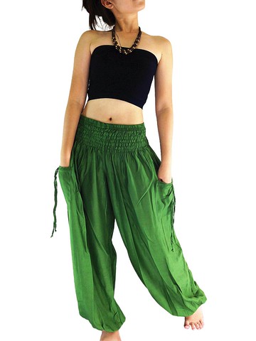 哈倫褲綠色女褲阿拉丁褲，人造絲，彈力腰褲