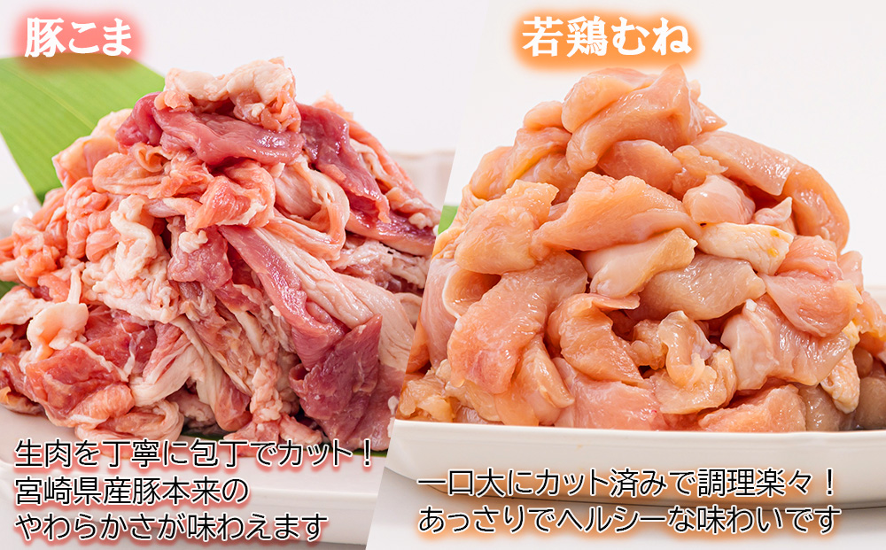 宮崎県産 豚こま 若鶏 むね 切身 合計3kg 250g×6 300g×5 セット 小分け 鶏肉 冷凍 送料無料 炒め物 調理 料理 大容量 真空 一口大 カット あっさり ヘルシー とり天 ヤンニョム チキン 炒め物 豚丼 小間 普段使い 便利 詰め合わせ