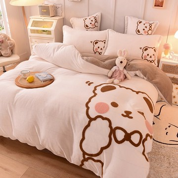 可愛卡通熊冬季牛奶絨四件套少女心床單被套加厚珊瑚絨床笠三件套