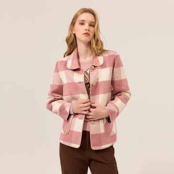 ILEY伊蕾 雙面格紋羊毛毛料中長版外套(粉；M-XL)