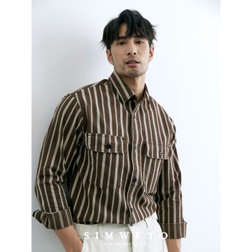 2023春夏新品 復古水洗多口袋設計感純棉襯衫男士內搭豎條紋襯衣