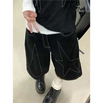 美式復古明線刺繡七分牛仔褲男女夏季水洗做舊寬松廓形闊腿直筒褲