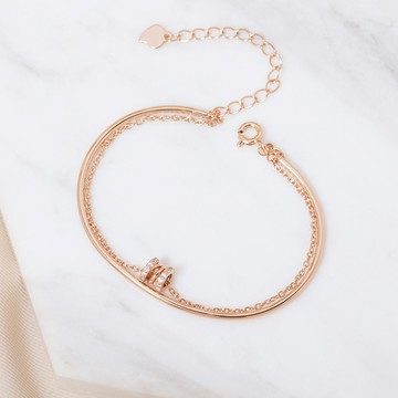 [925純銀]鑲鑽圓筒雙鍊手鍊【KMD101】-玫瑰金/銀