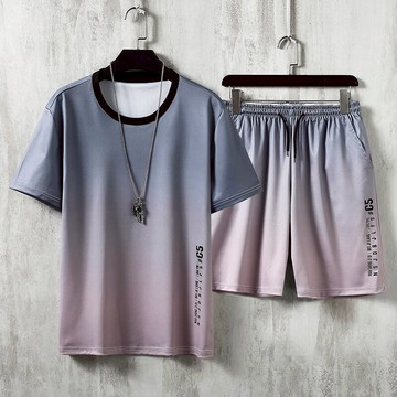新款夏季休閑冰絲套裝男韓版潮流網紅漸變色短袖t恤一套帥氣