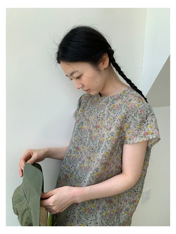 雨露麻印花小花清涼套頭短袖小襯衫