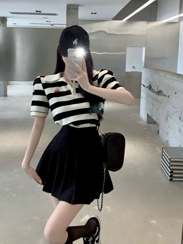 夏季新款學院風條紋polo領短袖T恤女+高腰A字百褶短裙兩件套