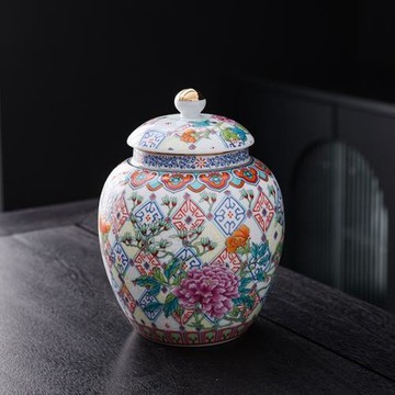 精品高檔琺瑯彩茶葉罐陶瓷陶瓷存儲螺旋蓋密封罐高端普洱茶罐中式