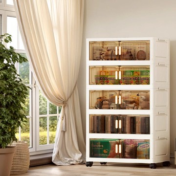 68大面寬優雅摺疊磁吸雙開門五層收納櫃-附滑輪 兩色選 024521 五層(奶白色面板)