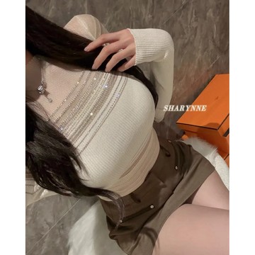 🇰🇷Korea韓國連線·正韓 亮鑽透膚條紋上衣 長袖上衣 長袖T 透膚上衣 針織上衣 條紋上衣 亮鑽上衣 韓國女裝