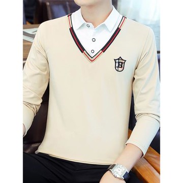假兩件polo衫男士春秋款襯衫領長袖t恤韓版潮流修身V領刺繡上衣服