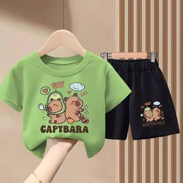 【臺灣-出貨】童裝卡皮巴拉t恤套裝2025新款夏季男女童洋氣短袖短褲夏裝兩件套