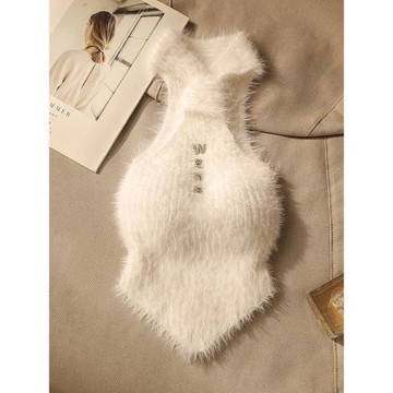 純欲性感毛絨掛脖吊帶背心女內搭秋冬季保暖辣妹露肩打底上衣外穿