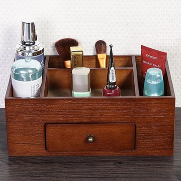復古木質化妝品收納盒桌面梳妝臺化妝盒整理盒面膜盒置物架針線盒