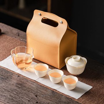 中皿 一壺三杯旅行茶具小套組高檔羊脂玉瓷功夫茶具便攜式快客杯