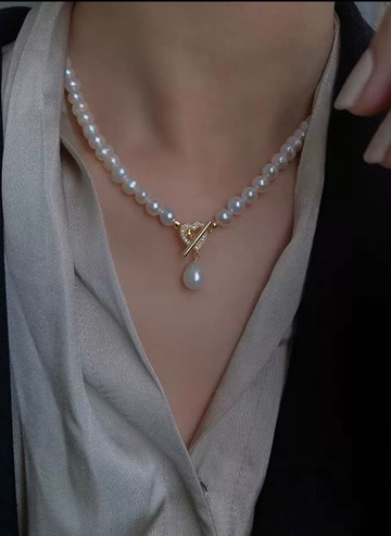 YuanPearl天然近圓珍珠珍珠項鍊巴洛克珍珠愛心鋯石通勤百搭氣質