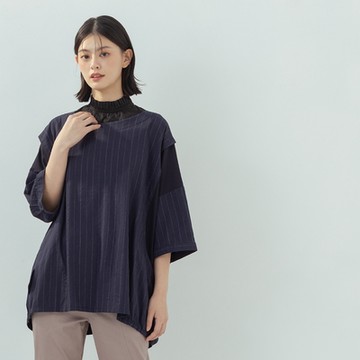 【MOSS CLUB】條紋拼接寬鬆落肩圓領七分袖上衣 藍 白