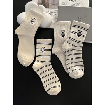 襪子女春秋ins潮螺紋襪口緊致運動條紋刺繡卡通個性撞色中筒棉襪