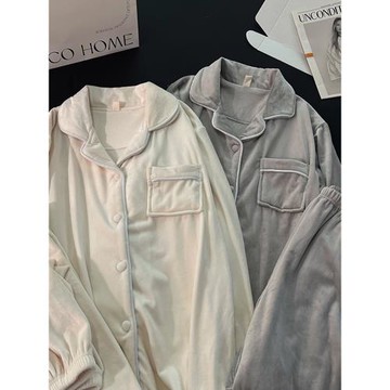 海島絨睡衣女冬季新款簡約純色情侶加厚加絨男士開衫家居服兩件套