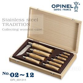 [ OPINEL ] 櫸木柄不鏽鋼折刀 10把一組 / 木盒收藏組 / 001311
