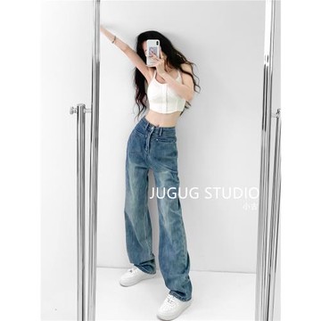 JUGUG復古做舊直筒闊腿牛仔褲女春季薄款高腰寬松設計感水洗長褲