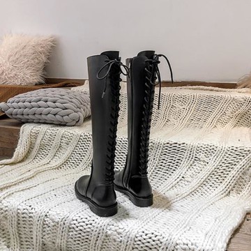 2024冬新款高筒靴騎士靴女平底后系帶長筒靴馬丁靴不過膝長靴