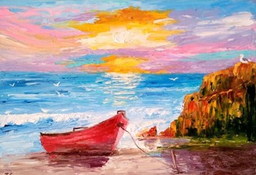 原創油畫海景與紅船。 13x18x0,3 厘米。無框的。