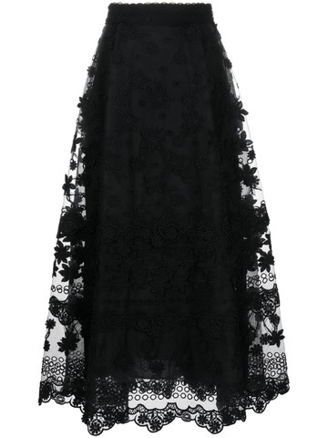 Elie Saab - floral-embroidered midi skirt - women - Polyamide/Silk/Silk - 42 - Black