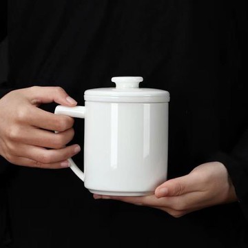 羊脂玉陶瓷馬克杯白瓷帶蓋過濾內膽個人養生泡茶辦公水杯可定logo