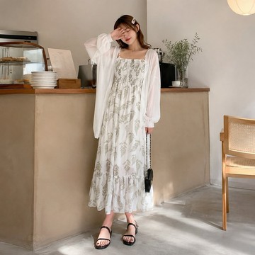 直發 法式高級感時尚外套吊帶裙女夏季韓版收腰顯瘦防曬衣連衣裙兩件套 韓系防曬洋裝兩件套 夏季洋裝套裝