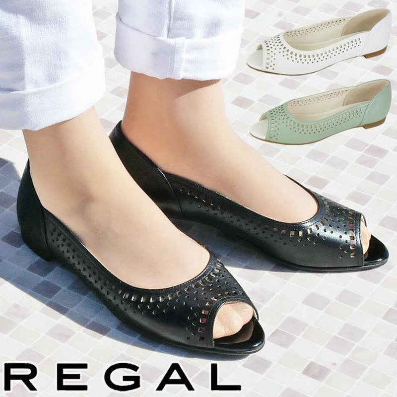 リーガル パンプス 靴 REGAL レディース レーザーカットオープンパンプス オープントゥ ローヒール フラットシューズ レザーパンプス  カッティング 本革F55N 黒 通販 LINEポイント最大0.5%GET LINEショッピング