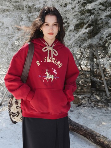 2顏色 追花小駒 生肖馬年節日氛圍帽衫 印繡花休閒加絨連帽衛衣