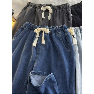 春秋男生牛仔褲男直筒寬松褲子休閑松緊腰系帶青少年高中初中學生