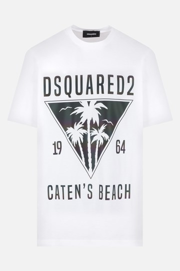 DSQUARED2 cotton oversized t-shirt with D2 Caten's Beach olographic print Man