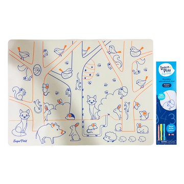 Super Petit 玩中學矽膠餐墊 可重複使用 附3支可擦式馬克筆  40 x 30cm  動物123 白色  1組