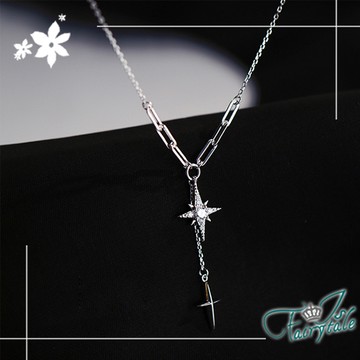 【伊飾童話】十字架雙墜＊流蘇晶鑽鎖骨短頸項鍊/銀