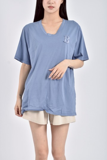 (L) by gentle b質感素面字母藍色短袖上衣